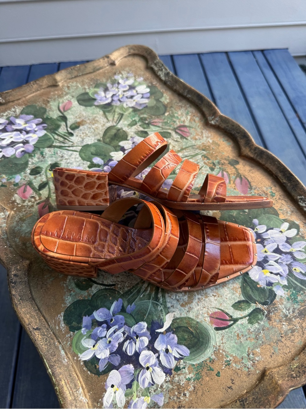Freda Salvador Ingrid Square Toe Strappy Block Heel Sandals Almond Embossed Croc